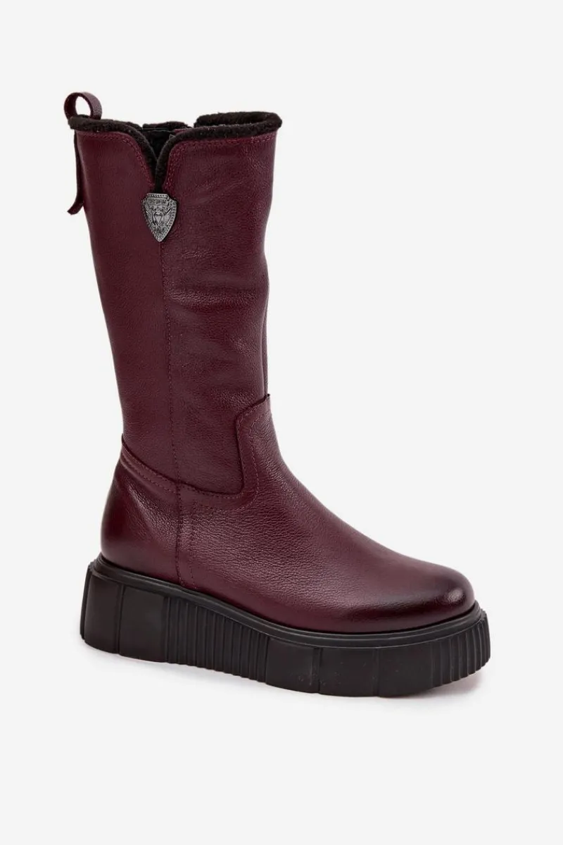 Kozaki Ocieplane|Kozaki Na Koturnie>Zazoo Damskie Skórzane Kozaki Z Wełną 70121 Bordowe Czerwony