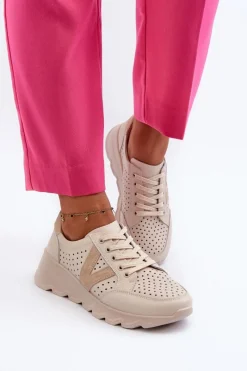 Damskie Skórzane Lekkie Buty Sportowe Beżowe Eleonori Damskie Sneakersy Damskie