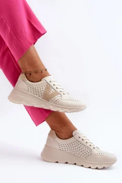 Damskie Skórzane Lekkie Buty Sportowe Beżowe Eleonori Damskie Sneakersy Damskie
