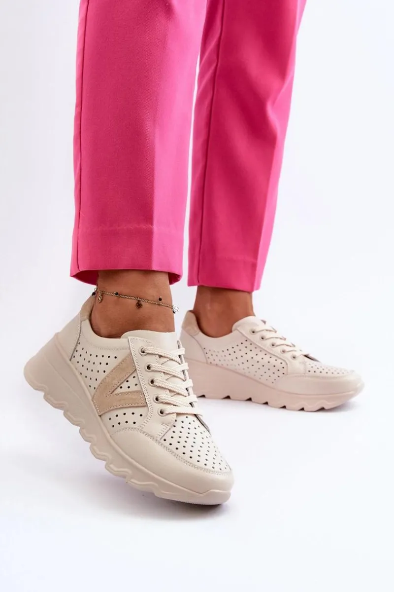 Damskie Skórzane Lekkie Buty Sportowe Beżowe Eleonori Damskie Sneakersy Damskie