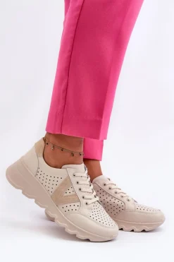 Damskie Skórzane Lekkie Buty Sportowe Beżowe Eleonori Damskie Sneakersy Damskie