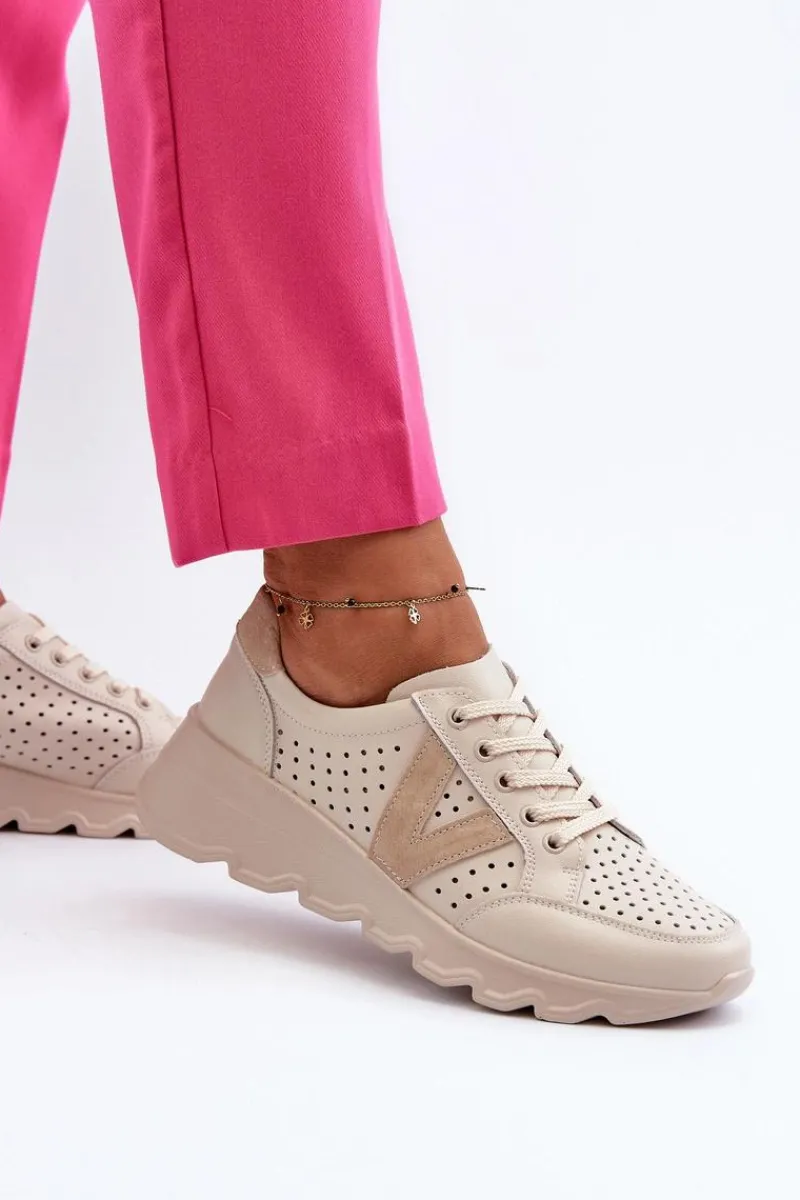 Damskie Skórzane Lekkie Buty Sportowe Beżowe Eleonori Damskie Sneakersy Damskie