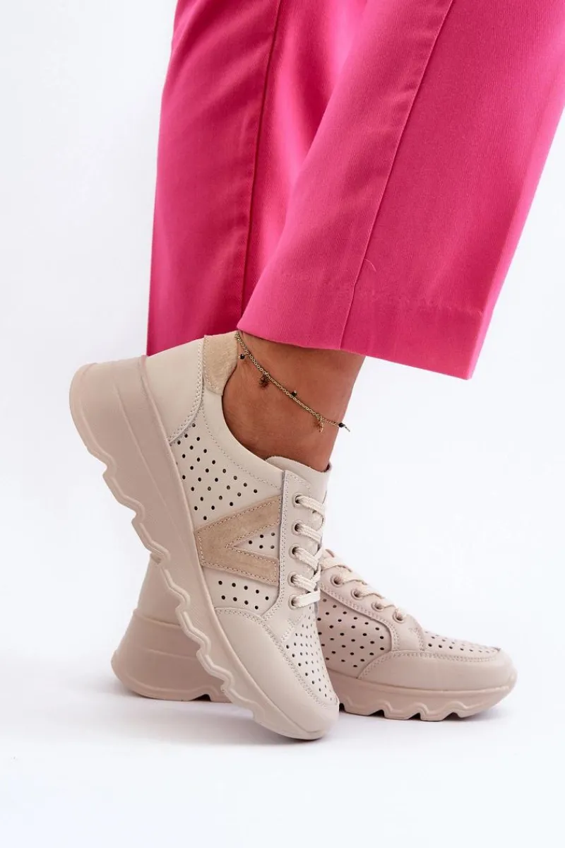 Damskie Skórzane Lekkie Buty Sportowe Beżowe Eleonori Damskie Sneakersy Damskie