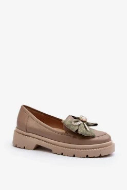 Loafersy Damskie|Mokasyny Płaskie>Laura Messi Damskie Skórzane Mokasyny Z Kokardą 2787 Beżowe Beżowy