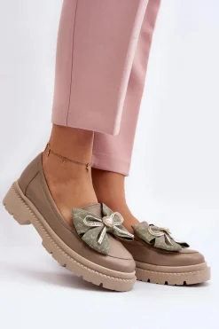 Loafersy Damskie|Mokasyny Płaskie>Laura Messi Damskie Skórzane Mokasyny Z Kokardą 2787 Beżowe Beżowy