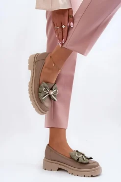 Loafersy Damskie|Mokasyny Płaskie></noscript>Laura Messi Damskie Skórzane Mokasyny Z Kokardą 2787 Beżowe Beżowy