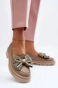 Loafersy Damskie|Mokasyny Płaskie></noscript>Laura Messi Damskie Skórzane Mokasyny Z Kokardą 2787 Beżowe Beżowy