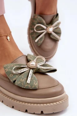 Loafersy Damskie|Mokasyny Płaskie></noscript>Laura Messi Damskie Skórzane Mokasyny Z Kokardą 2787 Beżowe Beżowy