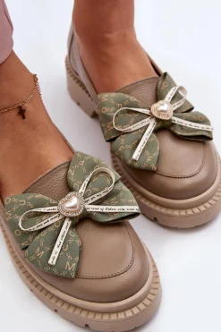 Loafersy Damskie|Mokasyny Płaskie></noscript>Laura Messi Damskie Skórzane Mokasyny Z Kokardą 2787 Beżowe Beżowy