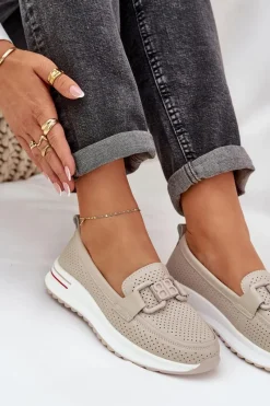 Hot Damskie buty S.Barski Damskie Skórzane Mokasyny Na Platformie S.Barski LR51-556 Beżowe Beżowy