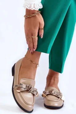 Online Boto Damskie Skórzane Mokasyny Z Kokardą Beżowe Dayes