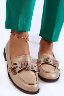 Online Boto Damskie Skórzane Mokasyny Z Kokardą Beżowe Dayes