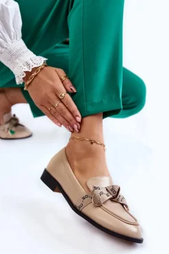 Online Boto Damskie Skórzane Mokasyny Z Kokardą Beżowe Dayes