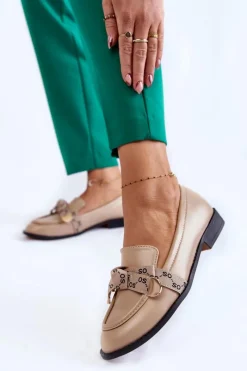 Online Boto Damskie Skórzane Mokasyny Z Kokardą Beżowe Dayes