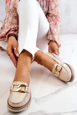 Sale Damskie Skórzane Mokasyny Na Platformie Złote Venesia Damskie Mokasyny Damskie Skórzane|Mokasyny Na Platformie