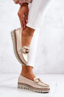 Sale Damskie Skórzane Mokasyny Na Platformie Złote Venesia Damskie Mokasyny Damskie Skórzane|Mokasyny Na Platformie