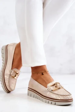 Sale Damskie Skórzane Mokasyny Na Platformie Złote Venesia Damskie Mokasyny Damskie Skórzane|Mokasyny Na Platformie