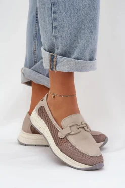 Loafersy Damskie|Mokasyny Damskie Zamszowe>Damskie buty S.Barski Damskie Skórzane Mokasyny D&A TW210 Szare Szary