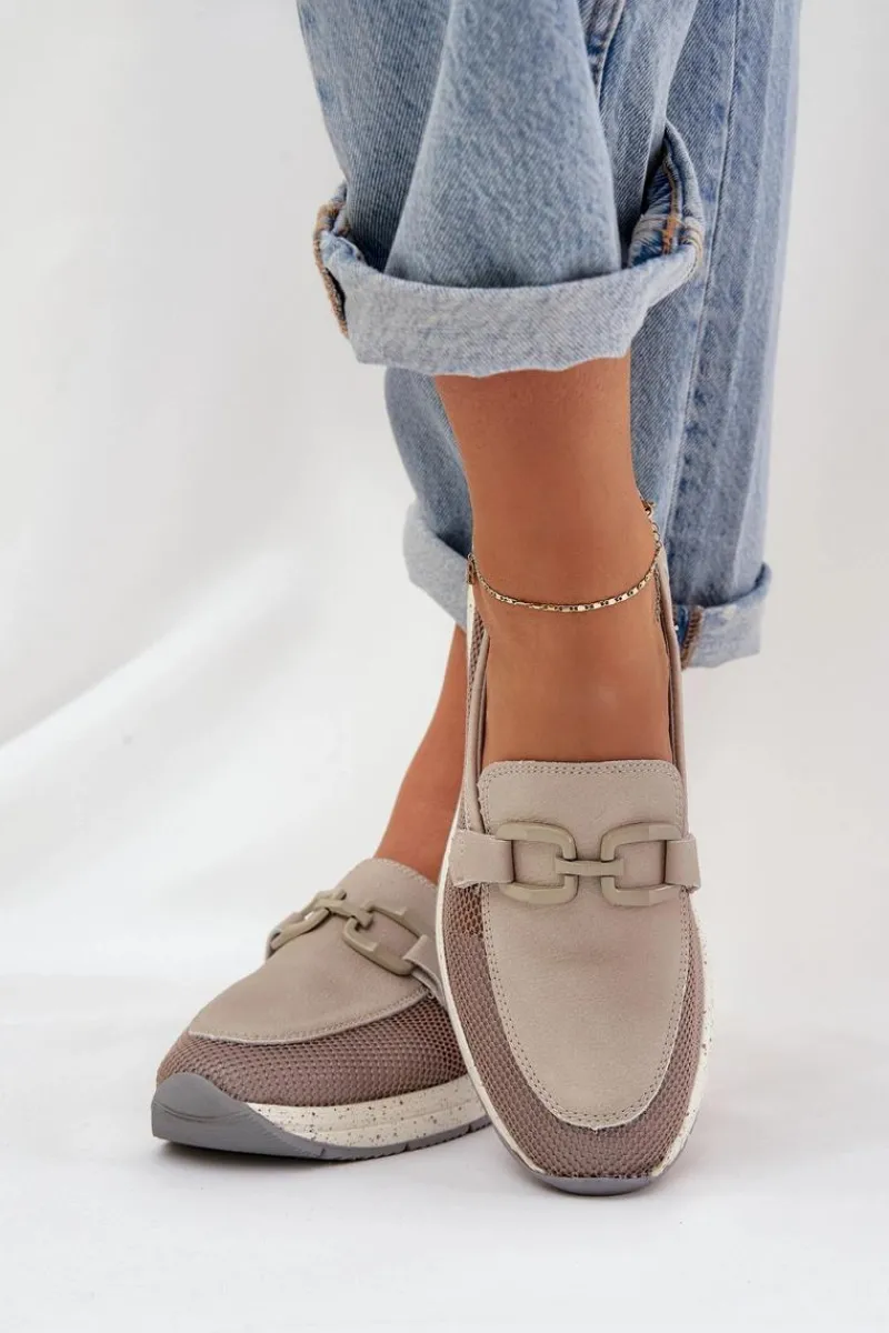 Loafersy Damskie|Mokasyny Damskie Zamszowe>Damskie buty S.Barski Damskie Skórzane Mokasyny D&A TW210 Szare Szary