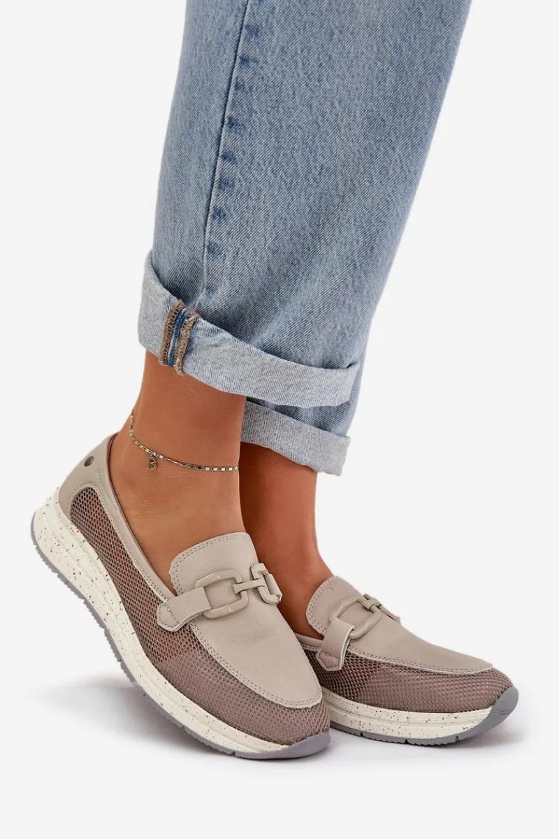 Loafersy Damskie|Mokasyny Damskie Zamszowe>Damskie buty S.Barski Damskie Skórzane Mokasyny D&A TW210 Szare Szary