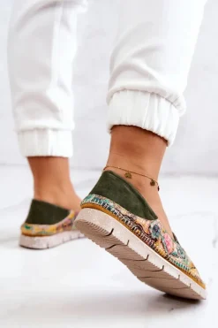 Sale Damskie Skórzane Mokasyny 05434-09 Zielone Damskie Mokasyny Damskie Skórzane