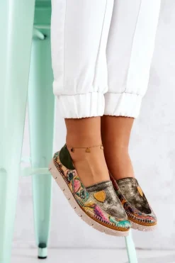 Sale Damskie Skórzane Mokasyny 05434-09 Zielone Damskie Mokasyny Damskie Skórzane