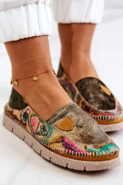 Sale Damskie Skórzane Mokasyny 05434-09 Zielone Damskie Mokasyny Damskie Skórzane