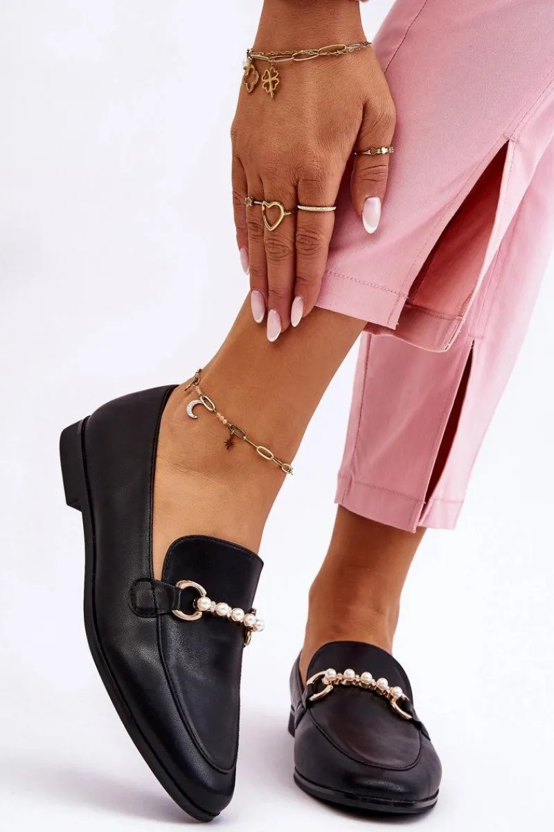 Online Damskie Skórzane Mokasyny Z Ozdobnymi Perełkami Czarne Ishan Damskie Mokasyny Damskie Skórzane