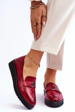 Hot Damskie Skórzane Mokasyny Na Niskim Koturnie Czerwone Synthia Damskie Mokasyny Damskie Skórzane