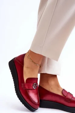 Hot Damskie Skórzane Mokasyny Na Niskim Koturnie Czerwone Synthia Damskie Mokasyny Damskie Skórzane