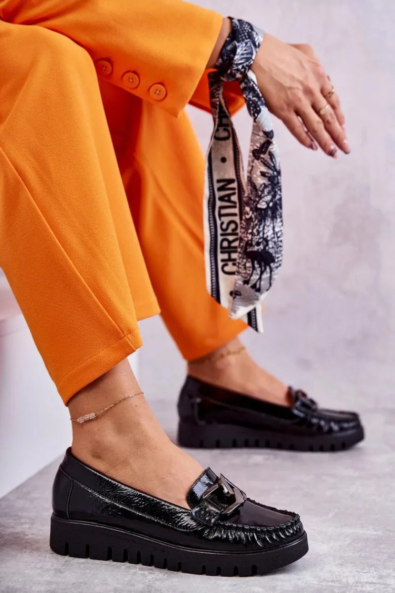 New Damskie Skórzane Mokasyny Na Platformie Czarne Venesia Damskie Mokasyny Na Platformie|Mokasyny Damskie Lakierowane