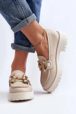 Clearance CheBello Damskie Skórzane Mokasyny Z Ozdobą 4369 Beżowe