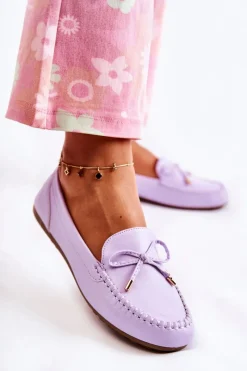 Best Damskie Skórzane Mokasyny Z Kokardą Fioletowe Aurila Damskie Mokasyny Damskie Skórzane