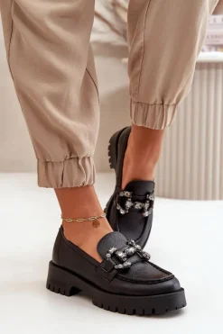 Mokasyny Płaskie|Mokasyny Damskie Skórzane>CheBello Damskie Skórzane Mokasyny Z Ozdobą 4369 Czarne Czarny