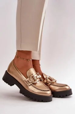 Discount Damskie Skórzane Mokasyny Z Ozdobą 4369 Złote Damskie Mokasyny Płaskie|Mokasyny Damskie Skórzane