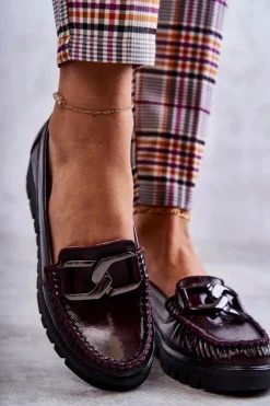 Discount Boto Damskie Skórzane Mokasyny Na Platformie Bordowe Venesia