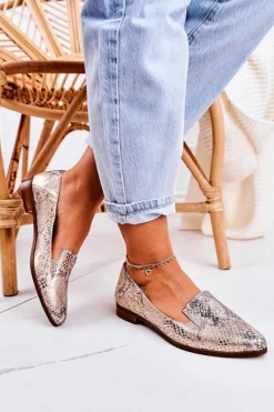 Outlet Damskie Skórzane Mokasyny Wzór Zwierzęcy Złote Scarlett Damskie Mokasyny Damskie Skórzane