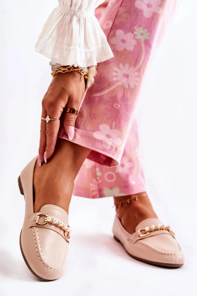 Discount Damskie Skórzane Mokasyny Z Ozdobnymi Perłami Beżowe Sergia Damskie Mokasyny Damskie Skórzane