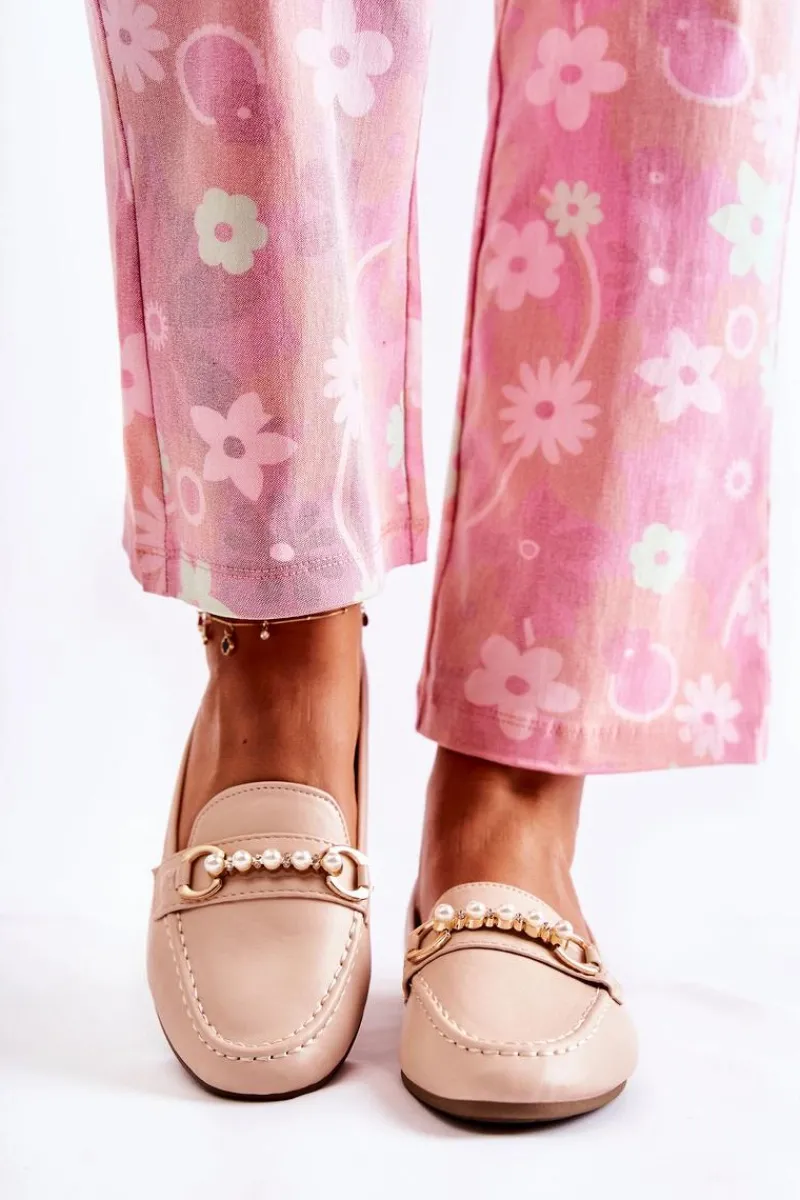 Discount Damskie Skórzane Mokasyny Z Ozdobnymi Perłami Beżowe Sergia Damskie Mokasyny Damskie Skórzane