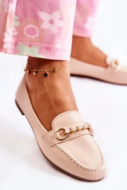 Discount Damskie Skórzane Mokasyny Z Ozdobnymi Perłami Beżowe Sergia Damskie Mokasyny Damskie Skórzane