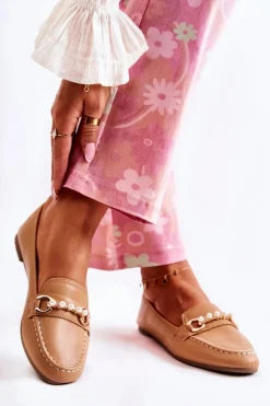 New Boto Damskie Skórzane Mokasyny Z Ozdobnymi Perłami Brązowe Sergia