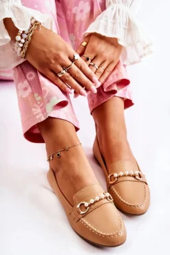 New Boto Damskie Skórzane Mokasyny Z Ozdobnymi Perłami Brązowe Sergia