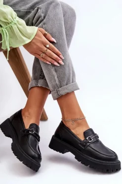 Hot Evento Damskie Skórzane Mokasyny Na Platformie Czarne Detes