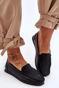Hot Damskie Skórzane Mokasyny S.Barski LR97630 Czarne Damskie Loafersy Damskie|Mokasyny Damskie Skórzane