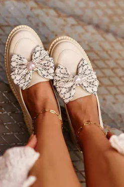 Loafersy Damskie|Mokasyny Płaskie>Laura Messi Damskie Skórzane Mokasyny Z Kokardą 2787 Jasnobeżowe