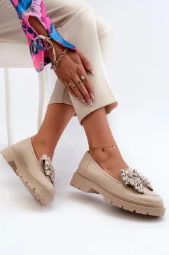 Loafersy Damskie|Mokasyny Płaskie></noscript>Laura Messi Damskie Skórzane Mokasyny Z Kokardą 2787 Jasnobeżowe