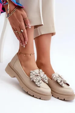 Loafersy Damskie|Mokasyny Płaskie></noscript>Laura Messi Damskie Skórzane Mokasyny Z Kokardą 2787 Jasnobeżowe