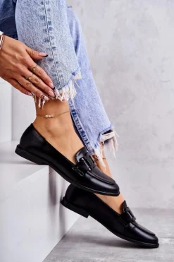 Online Damskie Skórzane Mokasyny Z Ozdobą Czarne Kerrie Damskie Mokasyny Damskie Skórzane