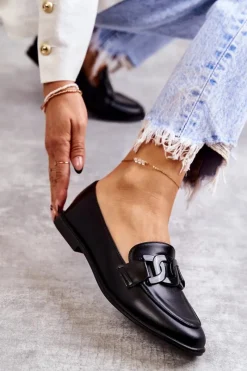 Online Damskie Skórzane Mokasyny Z Ozdobą Czarne Kerrie Damskie Mokasyny Damskie Skórzane