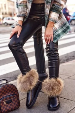 Śniegowce Damskie>Boto Damskie Skórzane Śniegowce Z Futerkiem Lakierowane Czarne Alexa